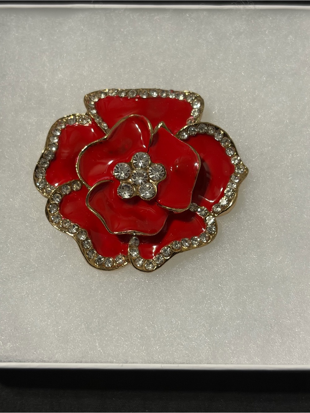 Red Enamel Floral Brooch with Crystal Accents